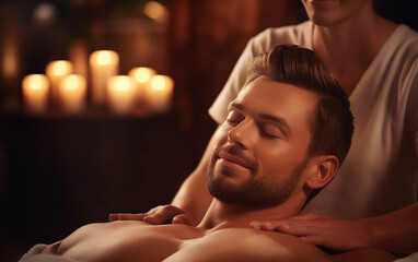 Beautiful man on the massage table with the masseuse's hands on the back.