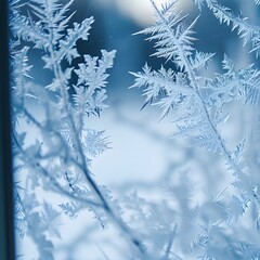 Intricate ice crystals forming delicate patterns on a window glass in winter, showcasing the beauty of frost formations.