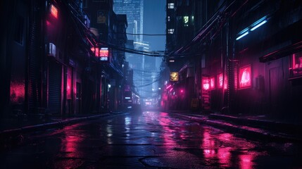 Dark street in cyberpunk city, gloomy alley with neon lighting