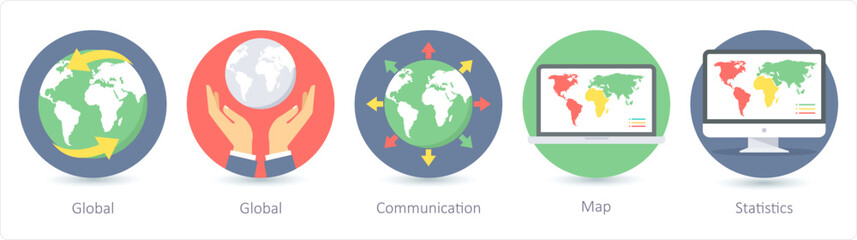 A set of 5 Seo icons as global, communication, map