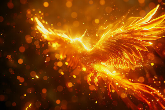 hologram of a transparent mythical phoenix glowing with ethereal radiance.