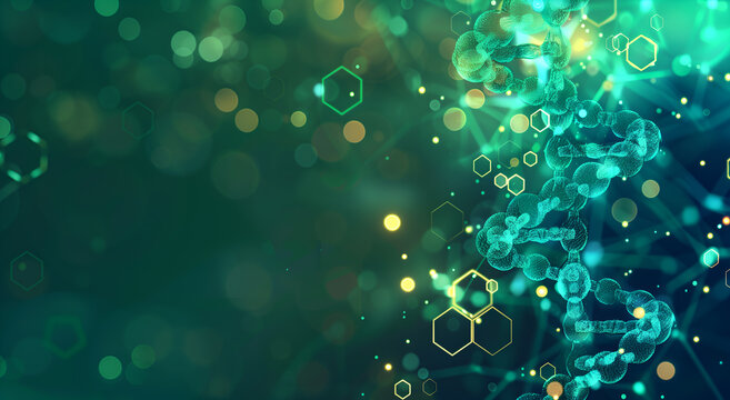 a DNA structure and science elements on a green color abstract futuristic background, medicine and science banner