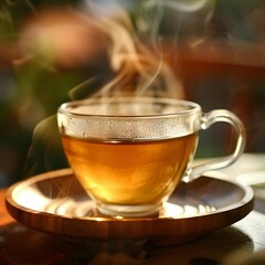 Close-up of a glass cup of ginger tea on a saucer, showcasing steam and condensation, evoking a cozy and comforting vibe.
