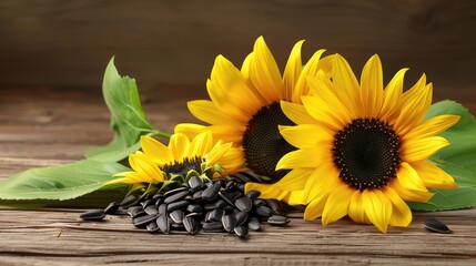 Sunflowers on wooden surface with seeds.