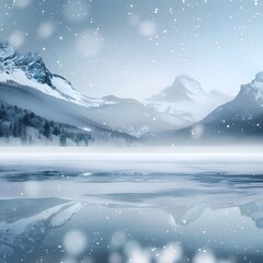 Beautiful winter landscape with snow-covered mountains and a frozen lake, capturing the serene atmosphere of a snowy day.