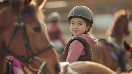 A young girl smiles brightly, wearing a riding helmet, during an equestrian lesson, with horses and riders in the background