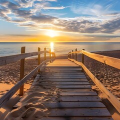 Tranquil sunset beach scene with a wooden bridge extending towards the glistening ocean, embodying serenity and natural beauty.