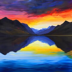 Scenic sunset over mountains with a reflective lake, showcasing the colorful and serene essence of nature.