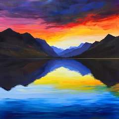 Papier Peint photo Montagnes Scenic sunset over mountains with a reflective lake, showcasing the colorful and serene essence of nature.
