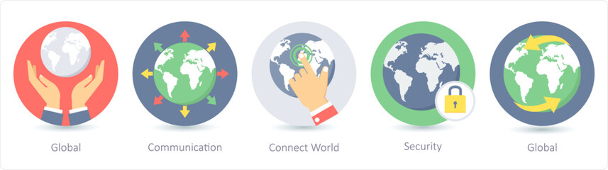 A set of 5 Seo icons as global, communication, connect world