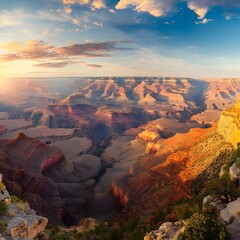 Panoramic view of the Grand Canyon in a western state at sunset, capturing its breathtaking red rock formations and majestic beauty.