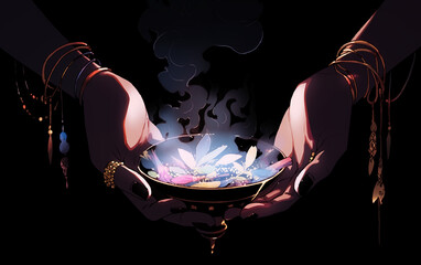 woman hands hold an ornamental incense from which smoke rises, black background. - 764557450