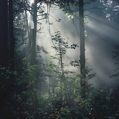 Atmospheric image of fog in a dense forest, with sun rays creating an ethereal glow amidst the mist.