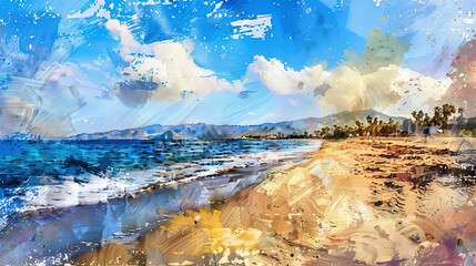 Abstract artistic rendering of a colorful beach scene with dynamic brush strokes - obrazy, fototapety, plakaty