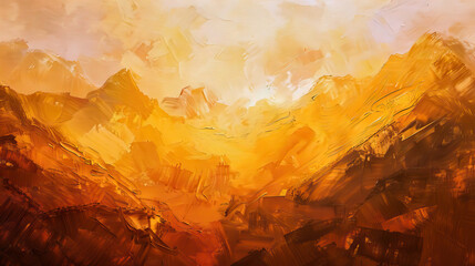 Golden sunrise over mountain landscape painting