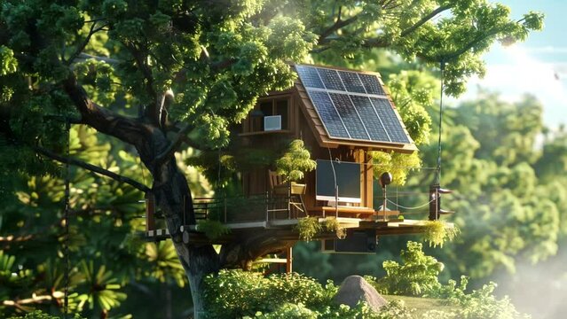 Discover a hidden treehouse among the vibrant spring leaves, Seamless looping 4k video background animation