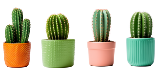 Collection of various cactus and succulent plants in different pots. Potted cactus house plants on white shelf against white wall.