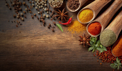 several types of spices on a wooden table hyper realistic 3d illustration top view with copy space