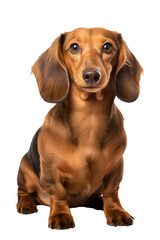 Dachshund, sausage dog, 1 year old, sitting in front of white background