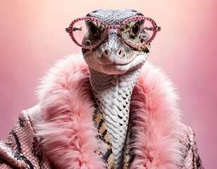 Glamorous anthropomorphic snake reptile with scales in fashionable glasses and a fur coat with feathers and wool.