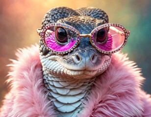 Naklejka premium Glamorous anthropomorphic snake reptile with scales in fashionable glasses and a fur coat with feathers and wool.