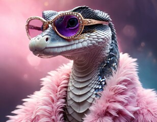 Glamorous anthropomorphic snake reptile with scales in fashionable glasses and a fur coat with feathers and wool.