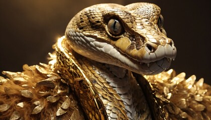 Obraz premium Glamorous anthropomorphic snake reptile with golden scales in fashionable glasses and a yellow fur coat with feathers and wool.