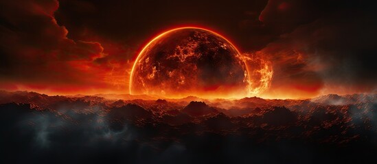 A dramatic scene of a vibrant sun setting over a range of mountains, casting a fiery glow with scattered clouds against a dark night sky - Powered by Adobe