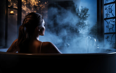 beautiful woman in a spa hot tub - 764558285