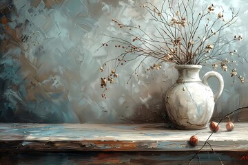 Oil painting of flower vase in the plaint color on a smooth surface, set against a minimalist white and grey background,art work for wall art, home decor and wallpaper 