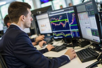 Stockbrokers analyzing market trends and investment opportunities on multiple computer screens, in a bustling brokerage firm, Generative AI - obrazy, fototapety, plakaty