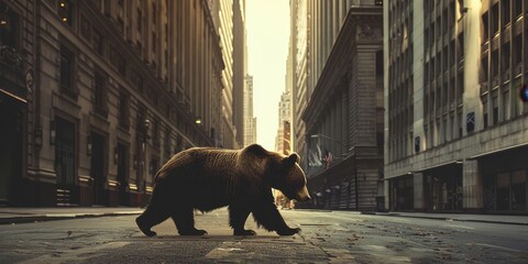 A bear is walking down a city street - obrazy, fototapety, plakaty