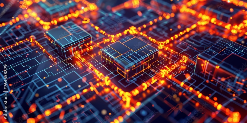 Poster a computer chip with a grid of orange lights