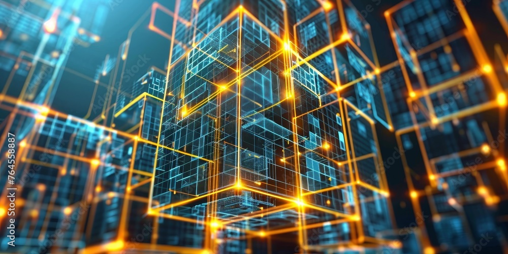 Aufkleber a computer generated image of a cityscape with orange and blue blocks