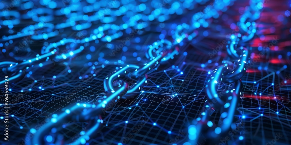 Poster a chain of blue links is shown in a pattern