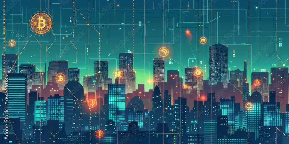 Poster a cityscape with a large number of buildings and a large number of small dots