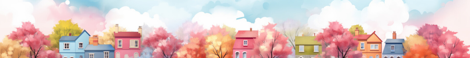 Colorful trees . Art horizontal banner with street and cute houses art design