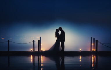 Married couple on a pier at night. - 764559043