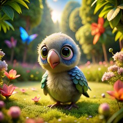 3d-render-baby-parrot--adorable-big-eyes--in-a-gar