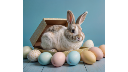 Funny easter concept holiday animal celebration greeting card - Cool cute Easter bunny, rabbit sitting in gift box with pastel Easter eggs, isolated on blue background