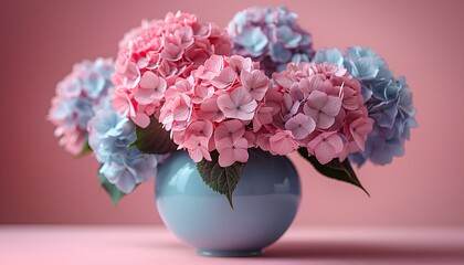 Pink Hydrangea flowers in a vase on isolated on light pink background. Hydrangea flowers blooming during summertime