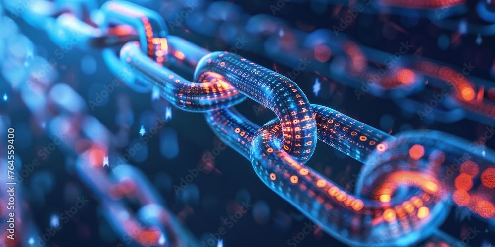 Poster a chain of links with a blue and orange color scheme