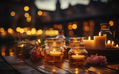 Table of candles on the terrace of the restaurant, blurred night city in the background. - 764559443