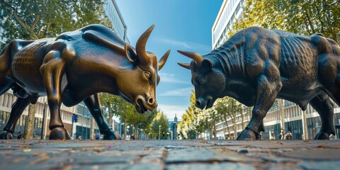 Two bull statues are facing each other on a sidewalk - obrazy, fototapety, plakaty
