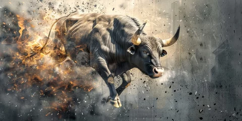 Foto op Plexiglas A bull is running through a cloud of fire © kiimoshi