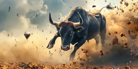 Afwasbaar fotobehang A bull is running through a field of rocks and dust © kiimoshi