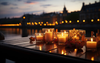 Table of candles on the terrace of the restaurant, blurred night city in the background. - 764559831
