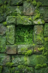 Intricate patterns of moss and lichen climbing up a textured green stone wall centered around a striking green square shape