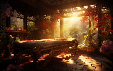 wooden massage table illuminated by the morning rays of the sun, an oriental space full of flowers and the smell of incense. - obrazy, fototapety, plakaty