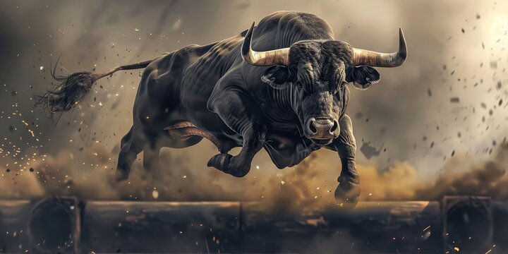 A bull is running through a field of dust and debris